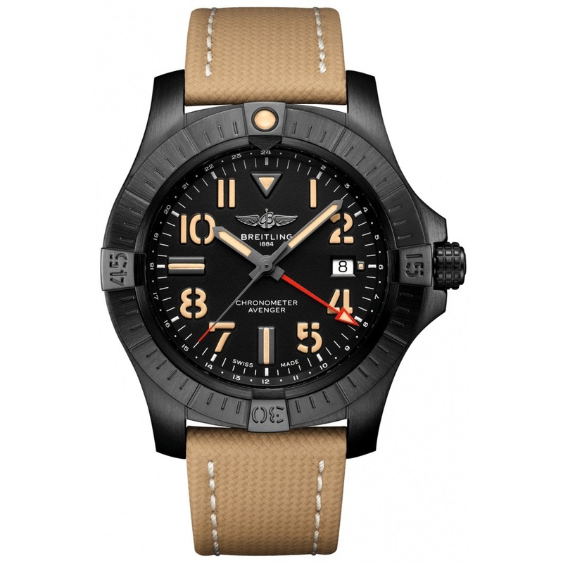 Breitling Avenger Automatic GMT 45 Black Dial Brown Nylon Strap Watch for Men – V32395101B1X1