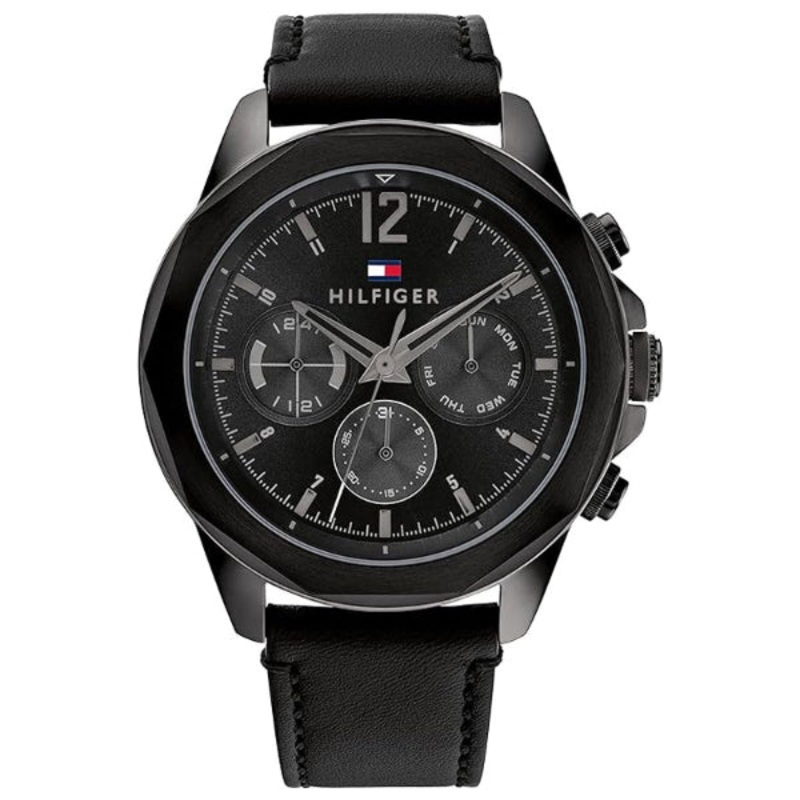 Tommy Hilfiger Lars Black Leather Strap Black Dial Chronograph Quartz Watch for Gents – 1792062