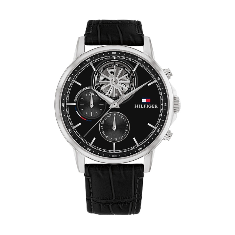 Tommy Hilfiger Stewart Black Leather Strap Black Dial Chronograph Quartz Watch for Gents – 1710605