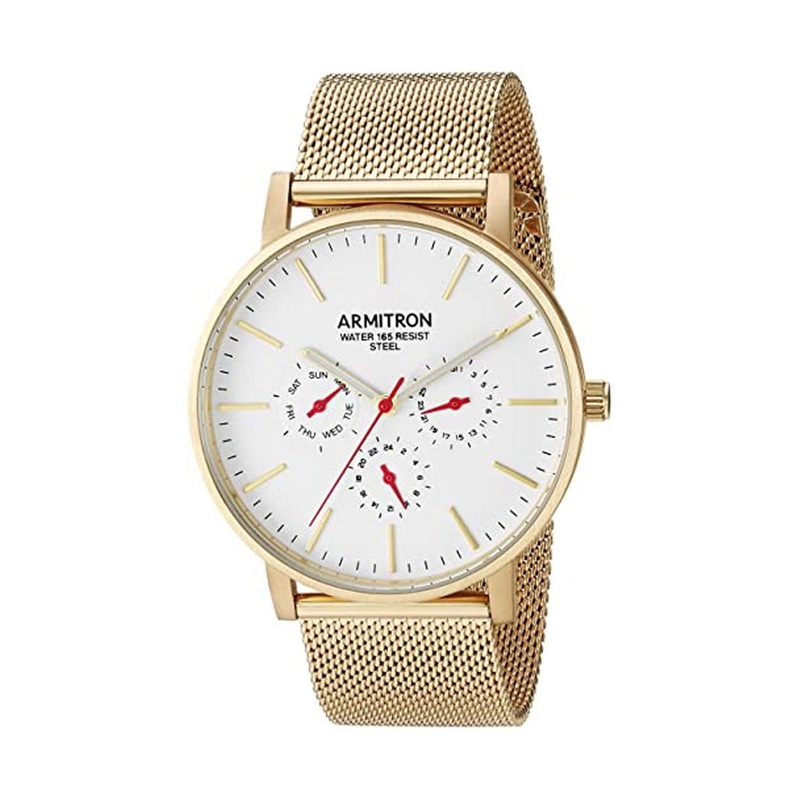 Armitron 20/5300WTGP Multi-Function Dial Gold-Tone Men’s Mesh Bracelet Watch 40 White Stainless Steel