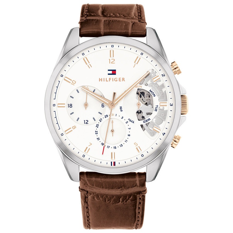 TOMMY HILFIGER White Dial Brown Leather Strap Watch TH1710450