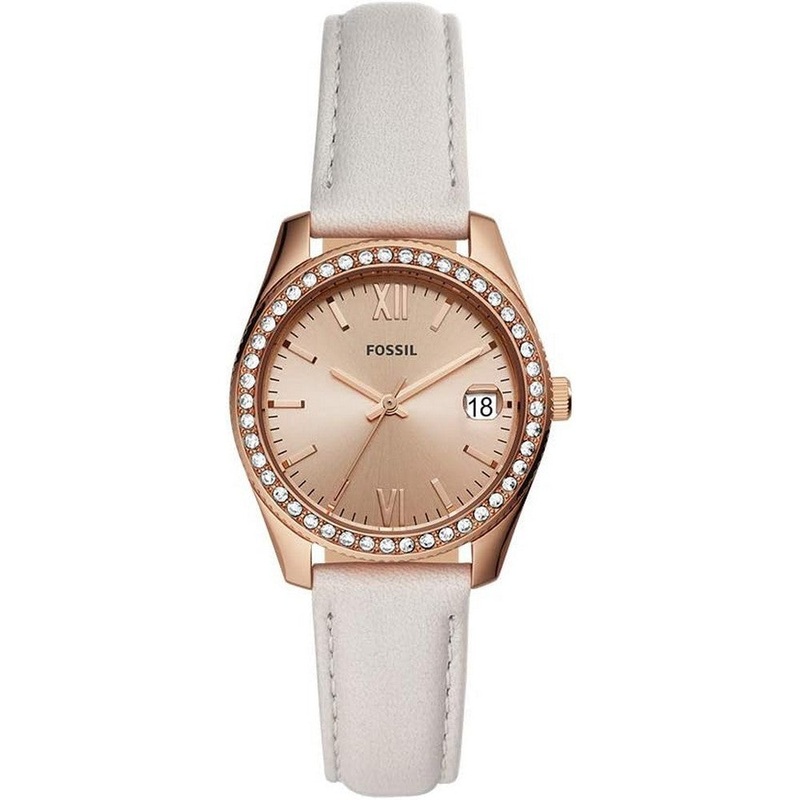 Fossil ES4556 Scarlet Mini Three Hand Date Mineral Grey Leather Ladies Watch 38 Gold Stainless Steel