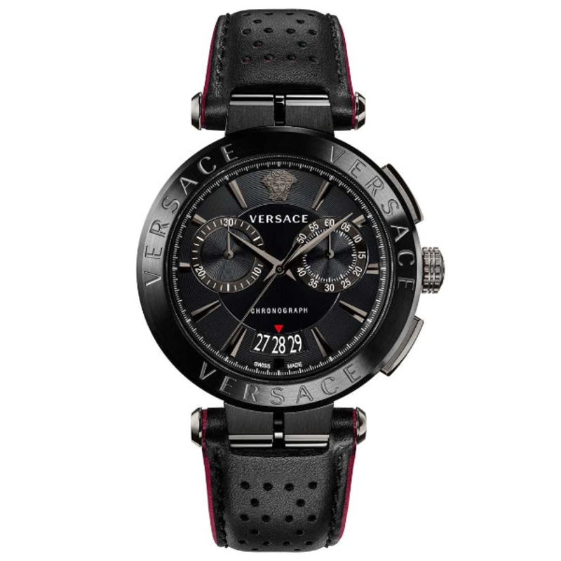Versace Aion Black Leather Strap Black Dial Chronograph Quartz Watch for Gents – VBR 030017