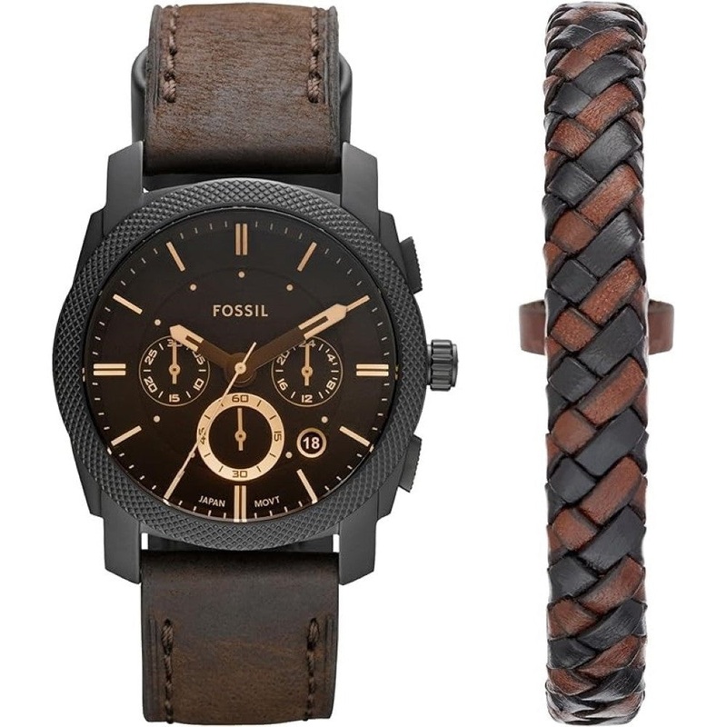 Fossil FS5251SET  Machine Men’s Watch with Stainless Steel or Leather Band  Chronograph or Analog Watch Display 42 Black Stainless Steel