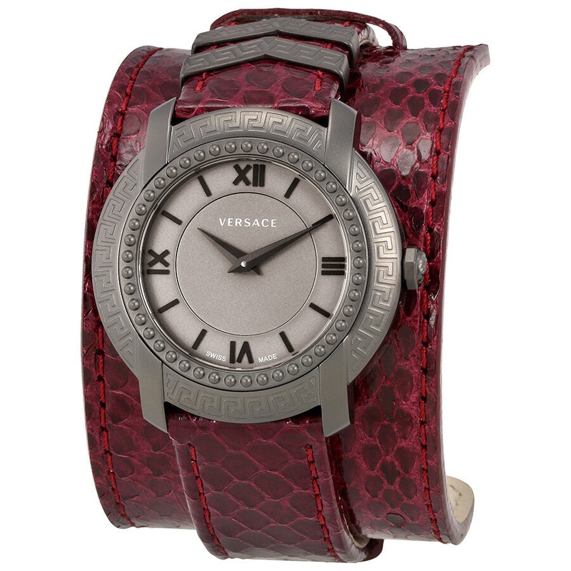 Versace DV25 Grey Dial Burgundy Leather Ladies Watch VAM070016