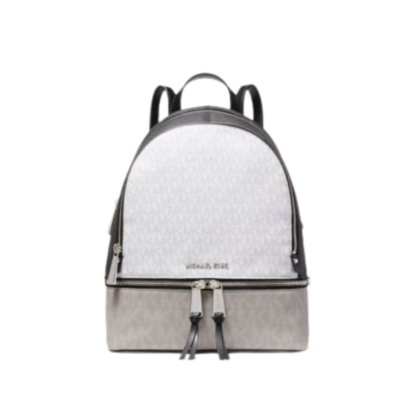 MichaelKors Rhea Zip Medium Backpack  Pearl Grey Logo Canvas & Leather