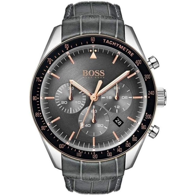 Hugo Boss Trophy Gray Leather Men’s Watch 1513628 44 Grey Stainless Steel