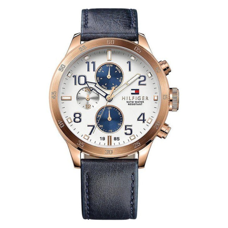 Tommy Hilfiger Trent Blue Leather Strap White Dial Chronograph Quartz Watch for Gents – 1791139