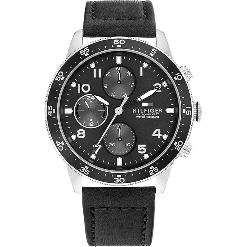 Tommy Hilfiger 1791947 Black Dial, Black Leather Men’s Watch 44 Black Stainless Steel