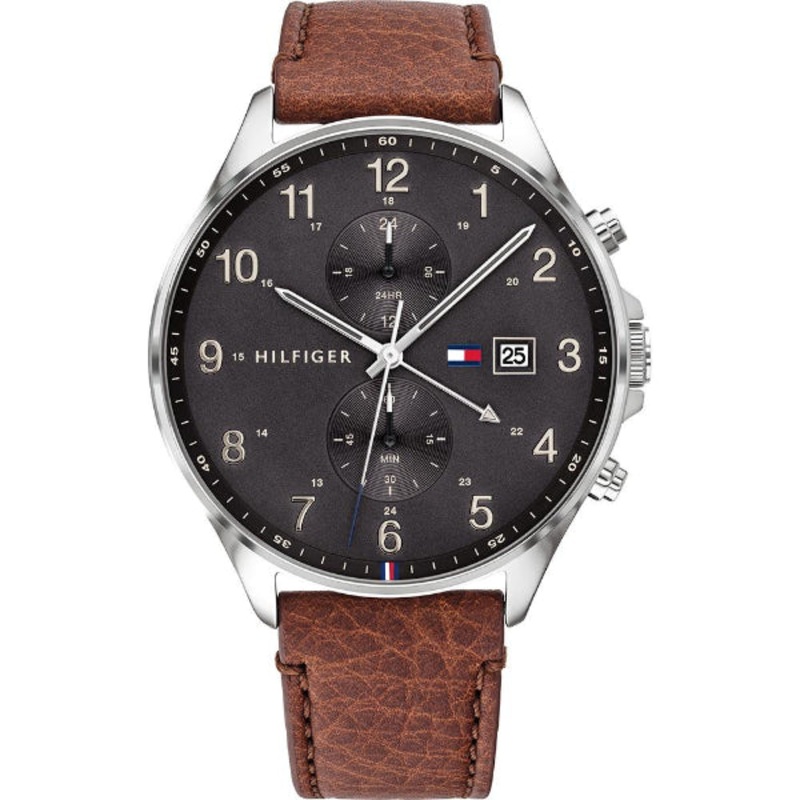 Tommy Hilfiger West Brown Leather Strap Black Dial Chronograph Quartz Watch for Gents – 1791710