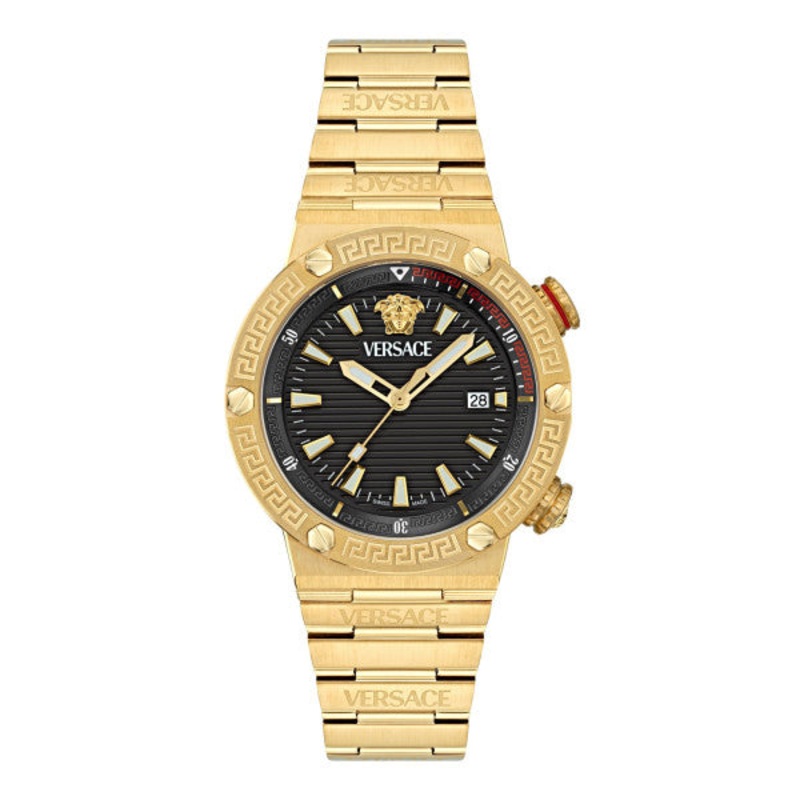 Versace Greca Logo Divers Gold Stainless Steel Black Dial Quartz Watch for Gents – VE8G00624
