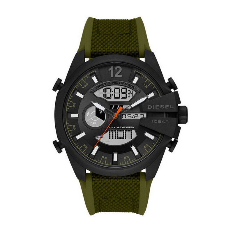 DIESEL DZ4549 Mega Chief Analogue Digital Green Nylon and Silicone Men’s Watch 51 Grey Stainless Steel