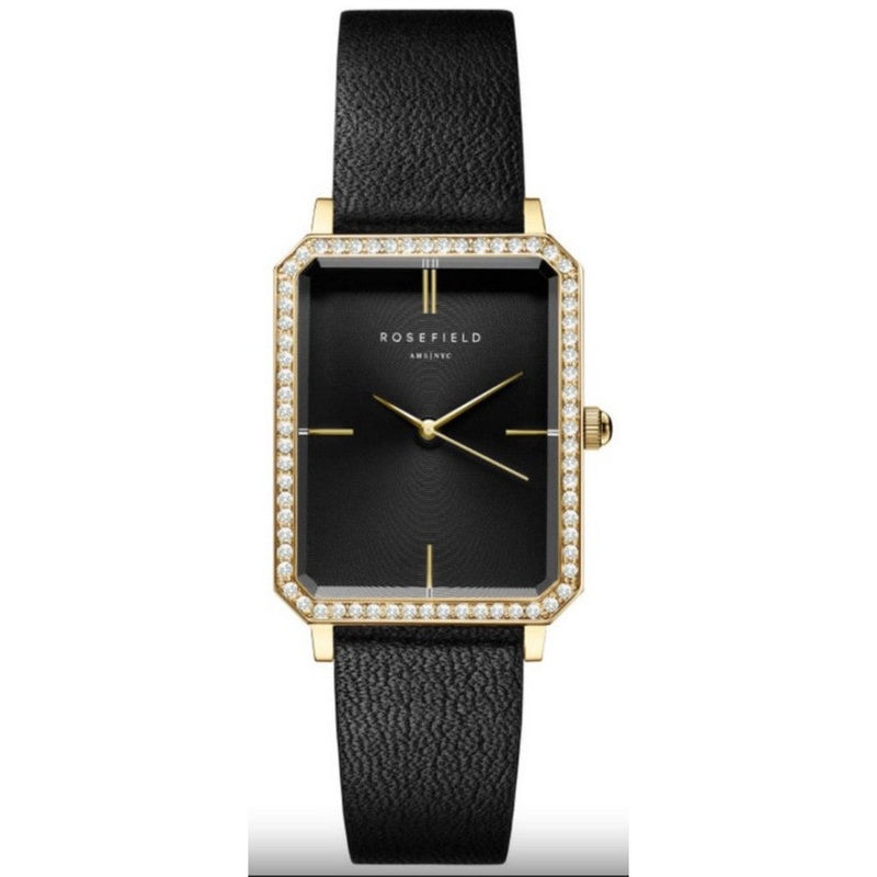 Rosefield The Octagon Black Sunray Crystal Black Leather Gold OBBLG-O51 22 Black Stainless Steel