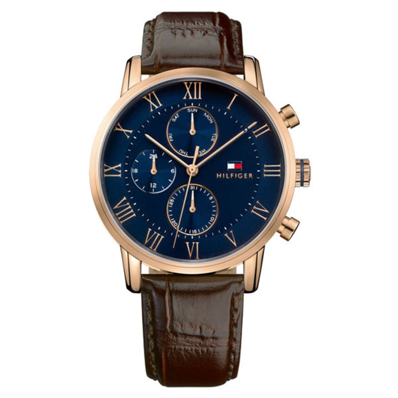 Tommy Hilfiger Kane Brown Leather Strap Blue Dial Chronograph Quartz Watch for Gents – 1791399
