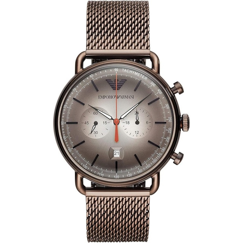 Emporio Armani Aviator Chronograph Bronze Men’s Mesh Watch AR11169 43 Grey Stainless Steel