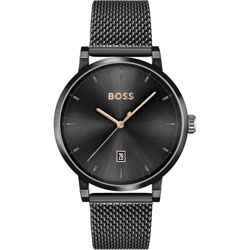 HUGO BOSS CONFIDENCE MENS BLACK DIAL IONIC PLATED BLACK STEEL WATCH 42 Black Stainless Steel