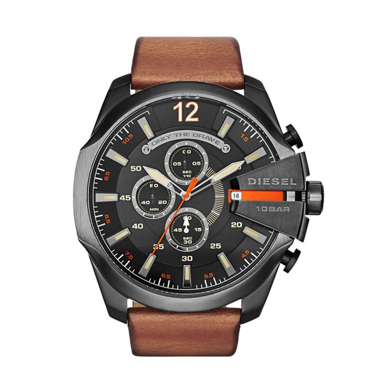 DIESEL DZ4343 Mega Chief Brown Leather Men’s Watch 51 Black Stainless Steel
