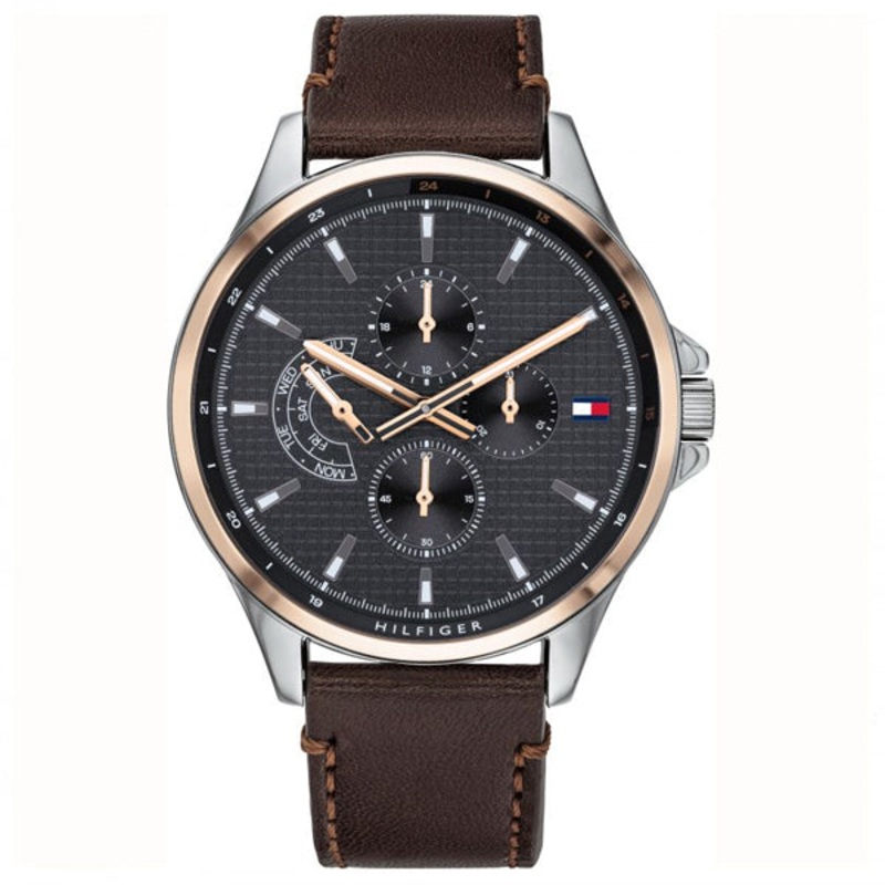 Tommy Hilfiger Shawn Brown Leather Strap Black Dial Quartz Watch for Gents – 1791615