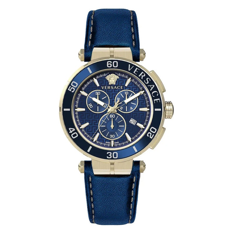 Versace Men’s Watch 45mm Greca Chronograph Blue Gold VE3L00322