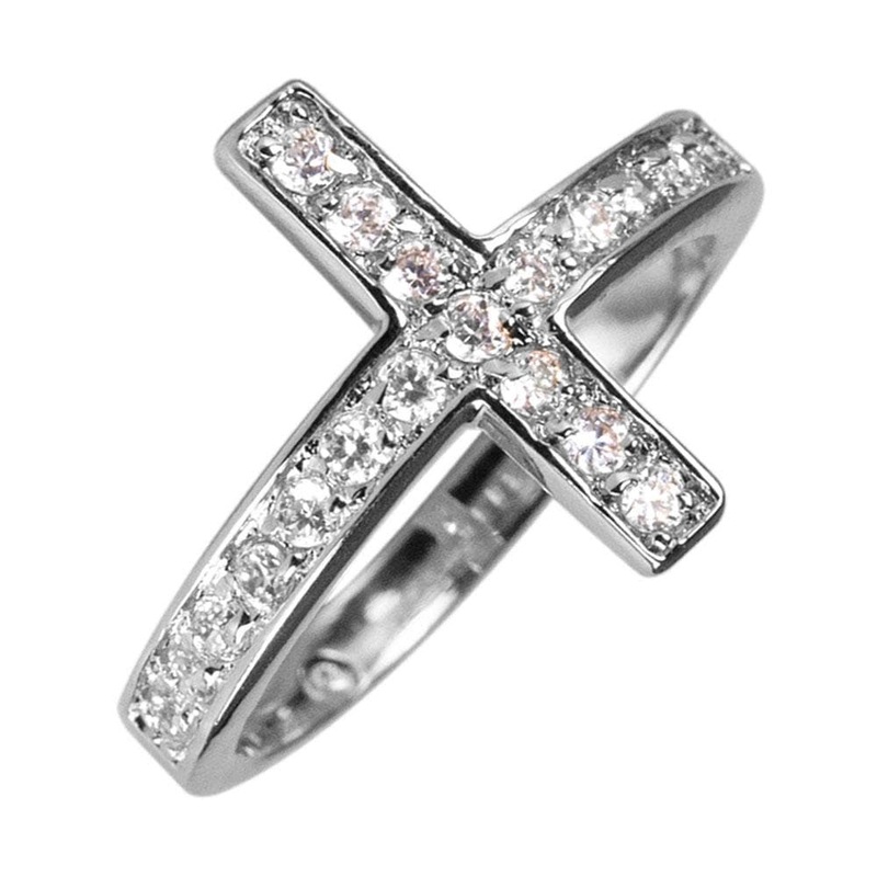 Reclining Cross Rhodium Ring 5