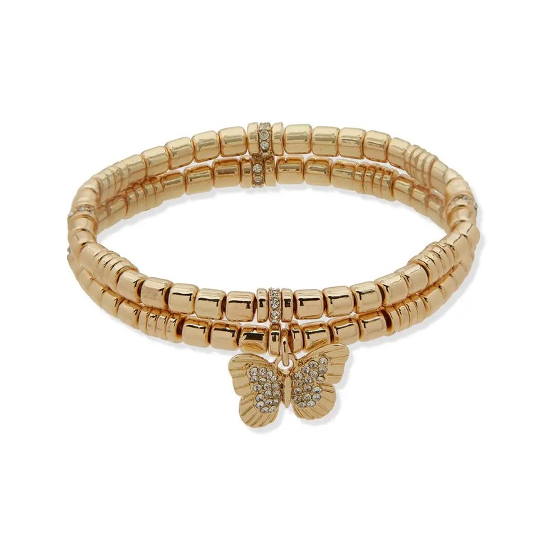 Nine West 19B00772 is a gold-tone set of two crystal butterfly stretch bracelets. Gold Gold Charm
