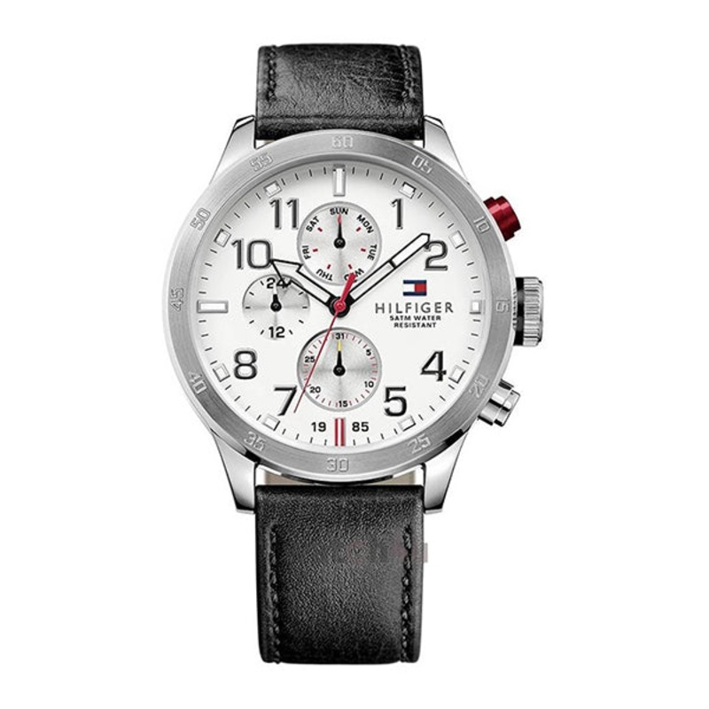 Tommy Hilfiger Trent Black Leather Strap White Dial Chronograph Quartz Watch for Gents – 1791138