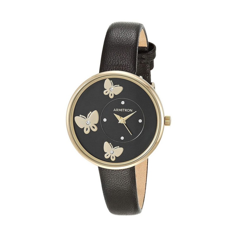 Armitron 75/5753BKGPBK Colias Genuine Crystal Accented Black Leather Strap Women’s Watch 32 Black Stainless Steel