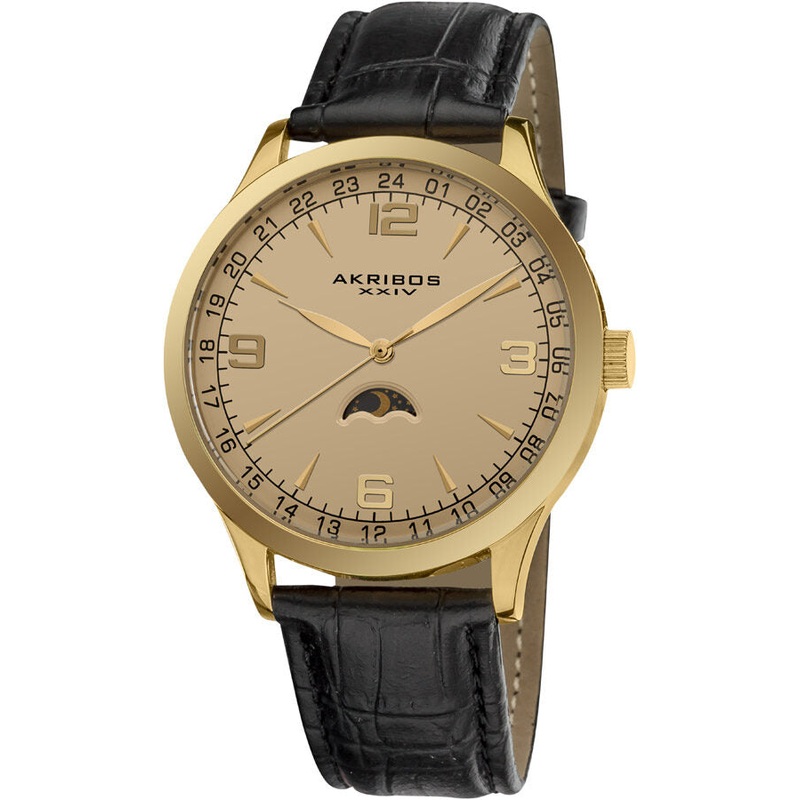 Akribos XxivChampagne Dial Black Leather Men’s Watch AK637YG