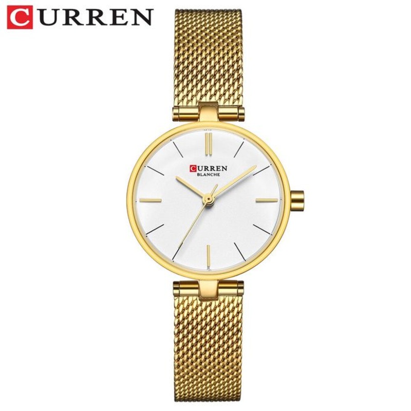 CURREN Stainless Steel Mesh Strap Watches Women’s Quartz Watch Gold Bracelet Wristwatch Female Clock Ladies Dress Watch 9038(gold White)
