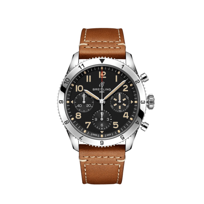Breitling Avi Chronograph 42 P-51 Mustang Black Dial Brown Leather Strap Watch for Men – A233803A1B1X1