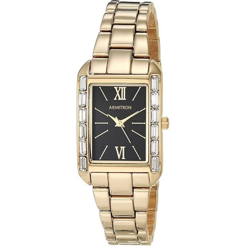 Armitron Women’s Genuine Crystal Accented Gold-Tone Bracelet Watch, 75/5764BKGP 24.5 Black Metal