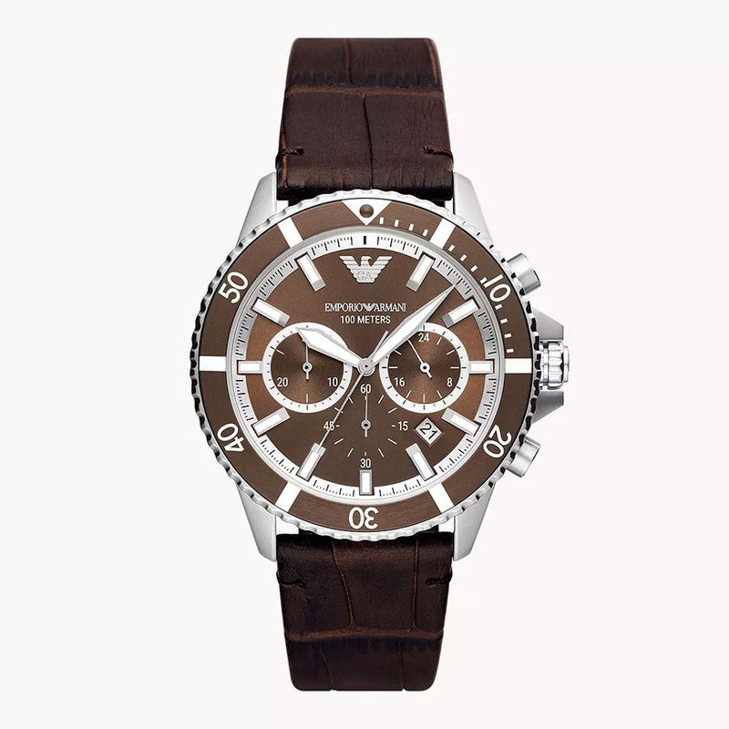 EMPORIO AR11486 ARMANI CHRONOGRAPH BROWN LEATHER WATCH 43 Brown Stainless Steel