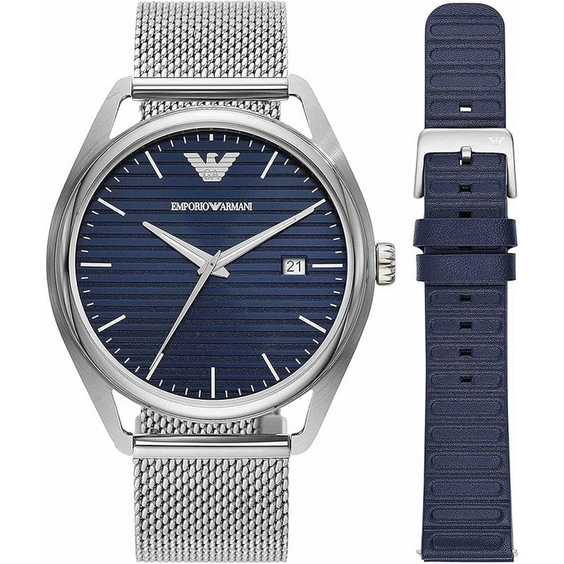 Emporio Armani Three-Hand Date Stainless Steel Mesh Watch and Interchangeable Strap Set AR80054 41 Blue Stainless Steel