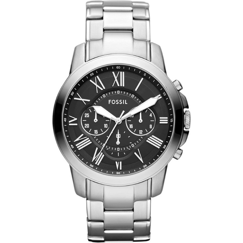 Fossil FS4736 Grant Men’s Watch with Chronograph Display and Genuine Leather or Stainless Steel Band 44 Black Stainless Steel