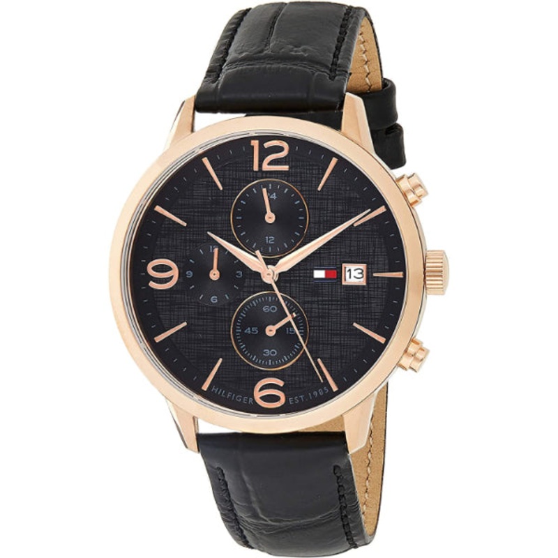 Tommy Hilfiger Liam Black Leather Strap Black Dial Chronograph Quartz Watch for Gents – 1710358