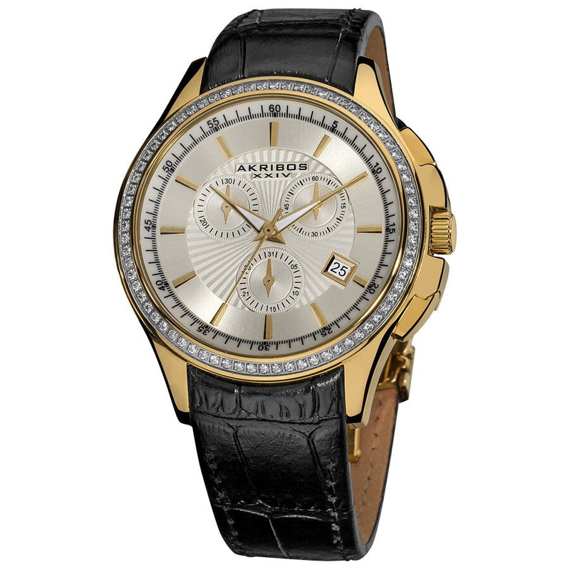 Akribos Xxiv Grandiose Crystal Chronograph Steel Black Leather Strap Men’s Watch AK615YG