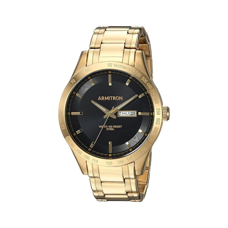 Armitron 20/5289BKGP Solar Bold Solar Powered Date Function Gold-Tone Men’s Bracelet Watch 46 Black Stainless Steel