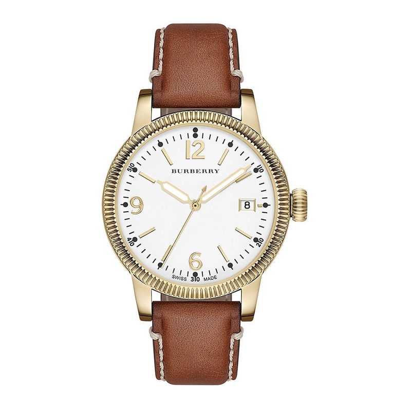 Burberry BU7852 White Dial Brown Leather Strap Quartz Women Watch 38 white Stainless Steel