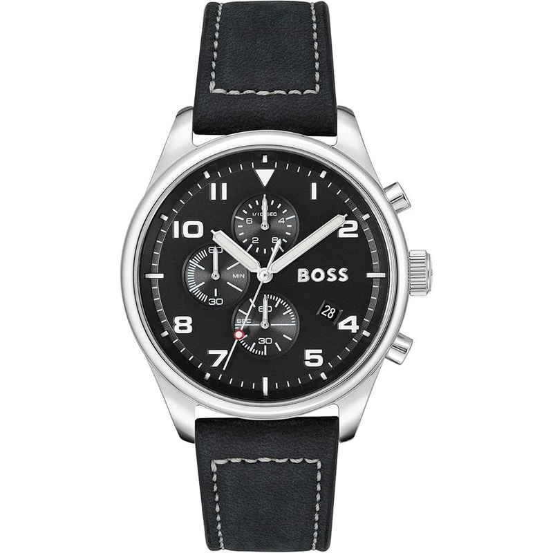 HUGO BOSS Chronograph Quartz Watch for Men with Black Leather Strap 44 Black Stainless Steel