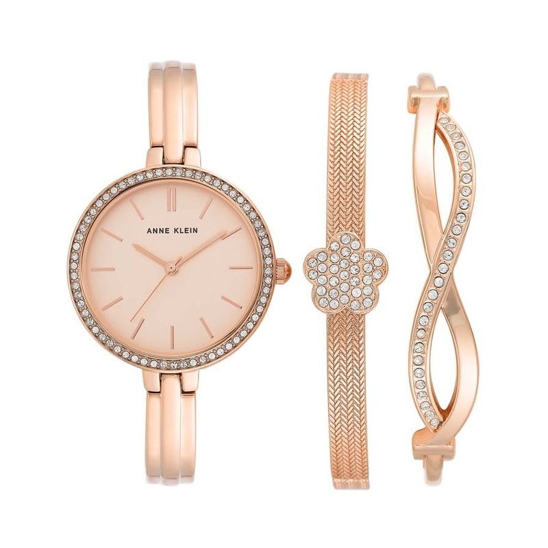 Anne Klein Quartz Rose Dial Ladies Watch and Bracelet Set AK/3398RGST