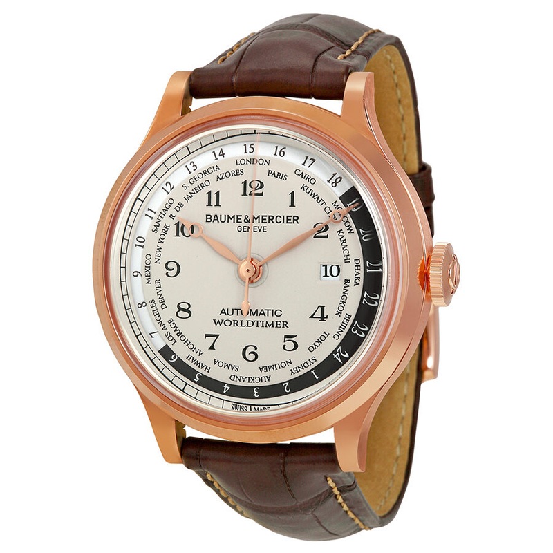 Baume And Mercier Capeland Worldtimer Beige Dial 18kt Rose Gold Brown Leather Men’s Watch 10107 A10107