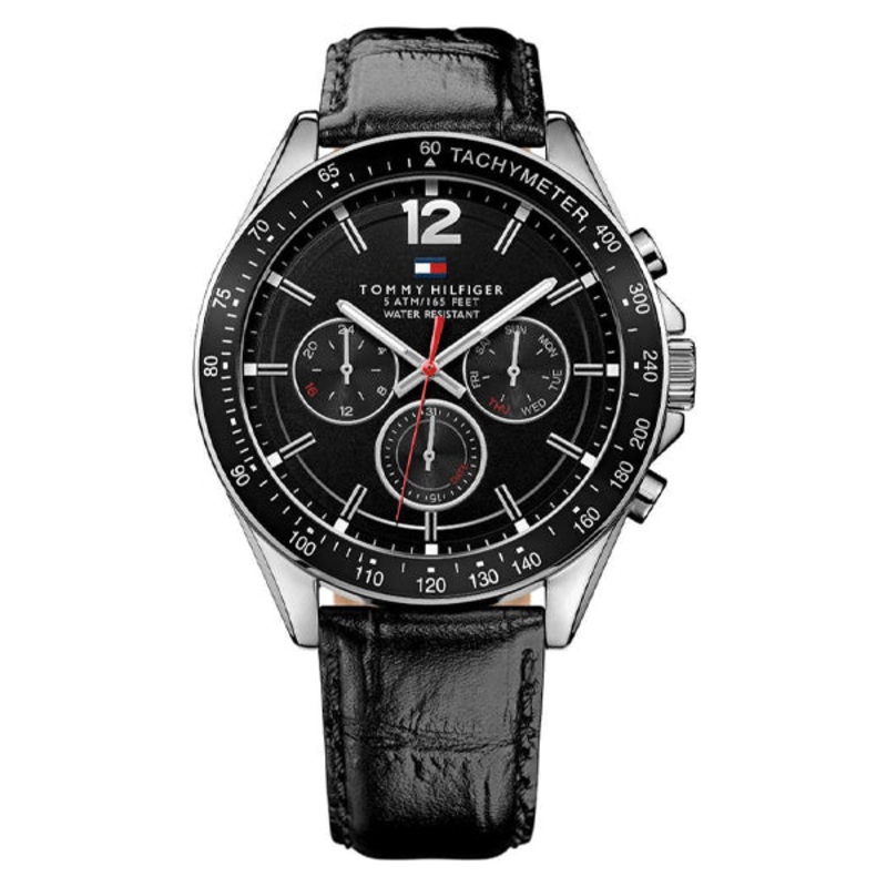 Tommy Hilfiger Luke Black Leather Strap Black Dial Chronograph Quartz Watch for Gents – 1791117