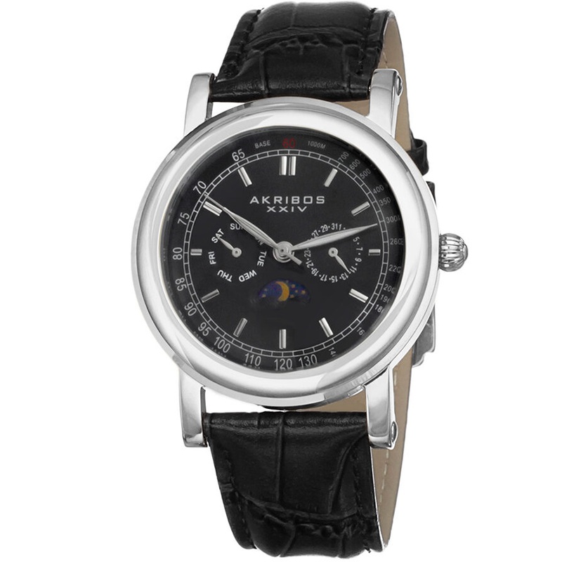 Akribos XxivBlack Dial Stainless Steel Black Leather Men’s Watch AK632SSB