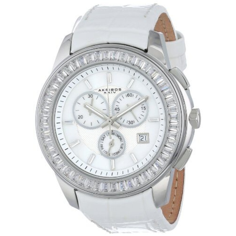 Akribos XxivWhite Mother of Pearl Dial White Leather Ladies Watch AK621SSW