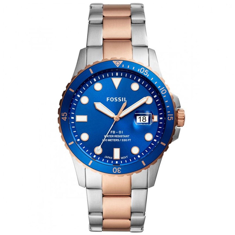 Fossil Three-Hand Date Two-Tone Stainless Steel Watch FS5654 42 Blue Stainless Steel