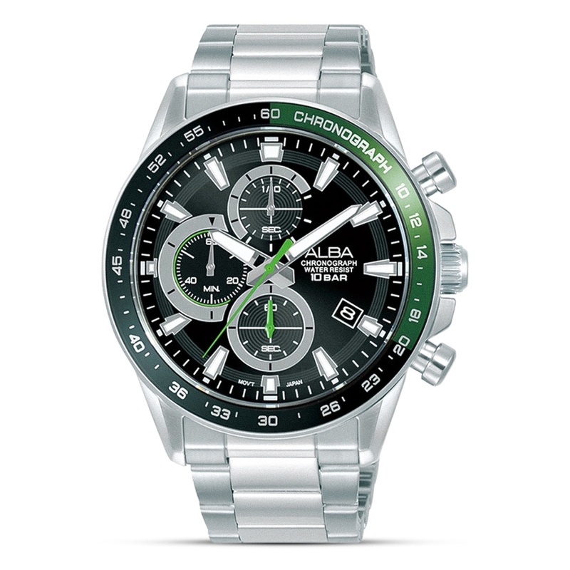 ALBA Chronograph Black Dial Green Bezel Men’s Watch | AM3A25X