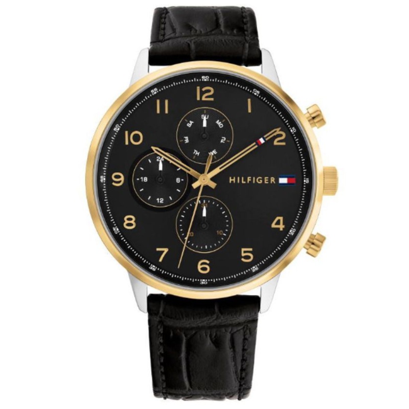 Tommy Hilfiger Leonard Black Leather Strap Black Dial Chronograph Quartz Watch for Gents – 1791986