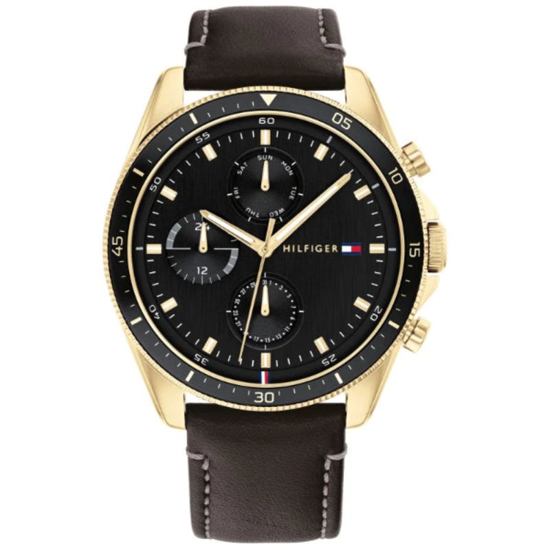 Tommy Hilfiger Parker Dark Brown Leather Strap Black Dial Chronograph Quartz Watch for Gents – 1791836