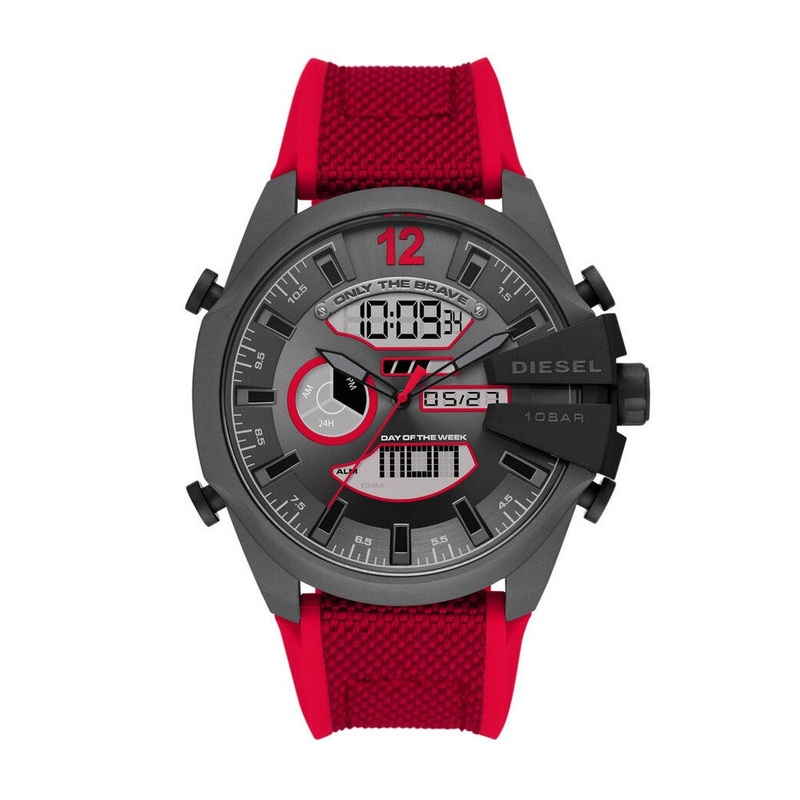 DIESEL DZ4551 Mega Chief Analogue Digital Red Nylon and Silicone Men’s Watch 51 Grey Stainless Steel
