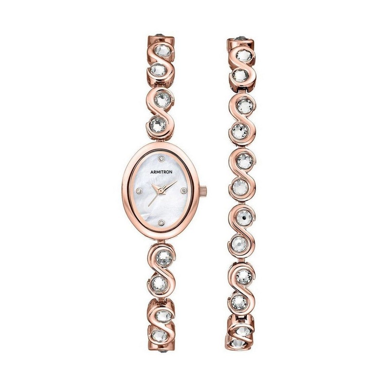 Armitron 75/5586MPRGST Genuine Crystal Accented Gold-Tone Women’s Watch and Bracelet Set 20 White Stainless Steel